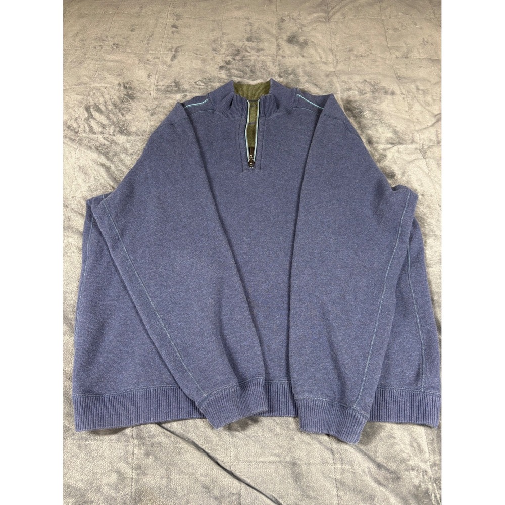 Tommy Bahama Mens XL Reversible Quarter Zip Pullover Blue Olive Green Cotton